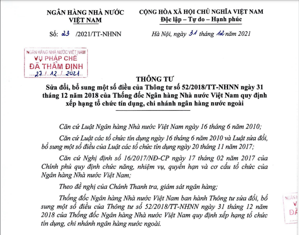 Thông tư 23/2021/TT-NHNN sửa đổi, bổ sung Thông tư 52/2018/TT-NHNN ngày 31/12/2018 của Thống đốc Ngân hàng Nhà nước Việt Nam quy định xếp hạng tổ chức tín dụng, chi nhánh ngân hàng nước ngoài